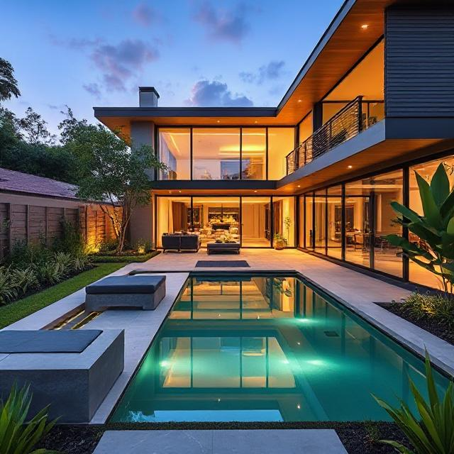 Artificial turf backyard with modern seating